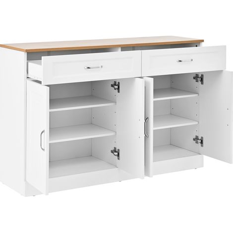 Aparador con 4 Puertas, 2 Cajones y Estantes Regulables, Estilo Moderno, en Tablero de Partículas, Blanco, 120×35×80,5 cm