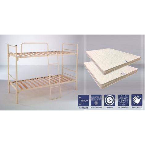 Lits Superposés Métal Epoxy + 2 Matelas Face Hiver Latex 80x190 x 15 cm + 2 Oreillers Visco - Soutien Ferme - Ame Poli Lattex Haute Résilience (1/3)