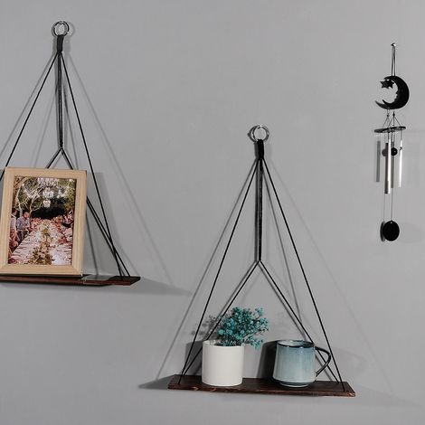 Etagere Murale Bois Macramé Boheme Deco Plantes Simple Houppe Manuel Tissé Chambre Salon WC Etagere Suspendue Corde (1/4)