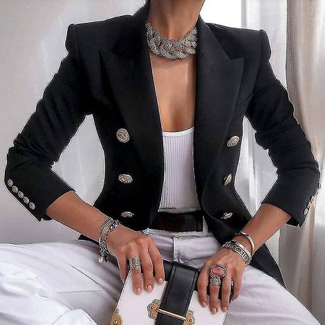Veste courte de tailleur pour femme, couleur unie, idéale pour le travail et les déplacements quotidiens - XL - Noir (1/4)