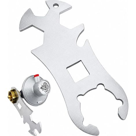 Clé multifonction pour bouteilles de gaz avec ouvre-bouteille, acier inoxydable. Convient aux réservoirs propane et butane, accessoire de camping et d'extérieur. (1/5)