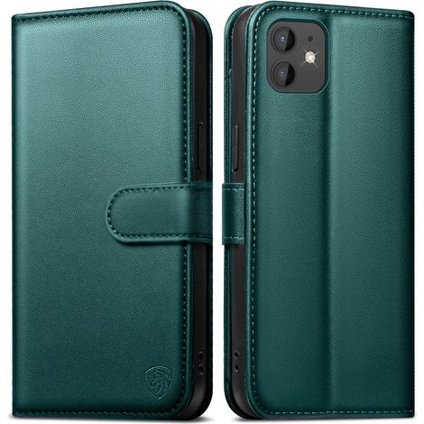 Coque portefeuille iPhone 11 en cuir PU, 6 cartes, RFID, fonction support, vert (1/5)