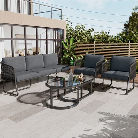 Set da giardino in ferro 5 posti grigio con cuscini inclusi e tavolini in vetro (1/5)