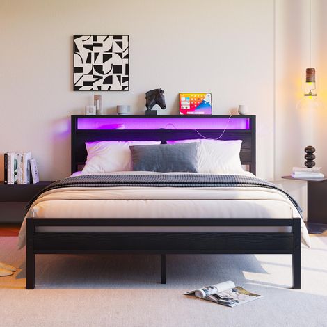 Lit 140x190 cm avec rangement intégré, cadre de lit en métal avec port USB et éclairage LED, lit coffre moderne avec étagère de tête de lit, lit junior/lit d'appoint (1/5)