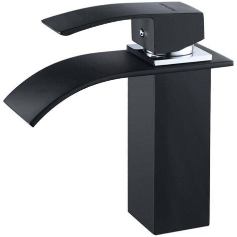 QORVA-Robinet Cascade Mono-trou Mitigeur Lavabo Noir Mat Robinetterie Lave-mains avec Levier Unique en Cuivre Mélangeur à l'Eau Chaude et Froide pour Salle de Bain, Surface ORB