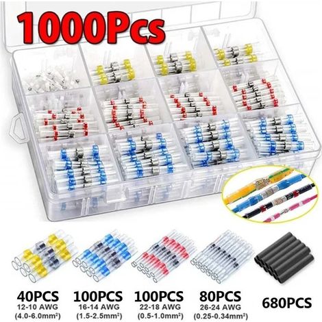 Kit de 1000 Connecteurs Électriques Étanches à Souder avec Gaine Thermorétractable, Bornes Sans Sertissage Assorties (Blanc, Rouge, Bleu, Jaune) pour Réparation Fils Automobile et Moto-lsw (1/2)