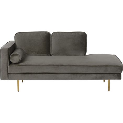 Chaise longue tapizado en terciopelo gris pardo versión izquierda patas de metal diseño moderno Miramas