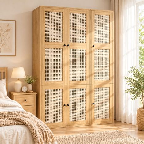 Armoire chambre chêne avec 2 tringles 6 tiroirs 4 compartiments - penderie moderne, meuble de rangement chambre, 135x47x200 cm (1/5)