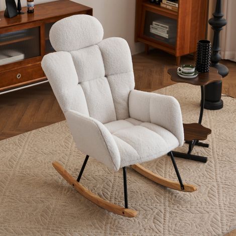 Fauteuil à bascule Mid-Century Modern en tissu « Teddy » avec rembourrage capitonné – Assise rembourrée pour salon et chambre