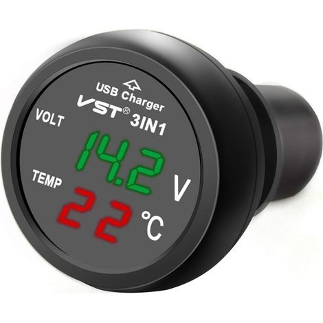 3-in-1 USB-Autoladegerät, wasserdichtes LED-Voltmeter/Ladegerät/Thermometer für Auto und Motorrad (1/5)