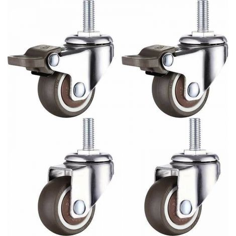 Set di 4 rotelle per mobili di piccole dimensioni - 25 mm - Gomma morbida - M6 x 15 mm - Filettatura (2 pezzi con freno) (25 mm) (1/5)