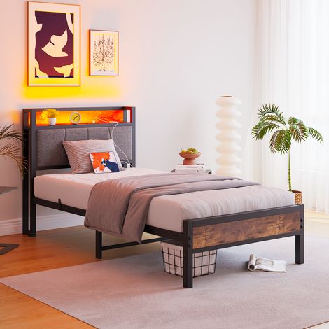Cama 90x200 con cabecero, LED y USB metal OKMYHOME (1/5)
