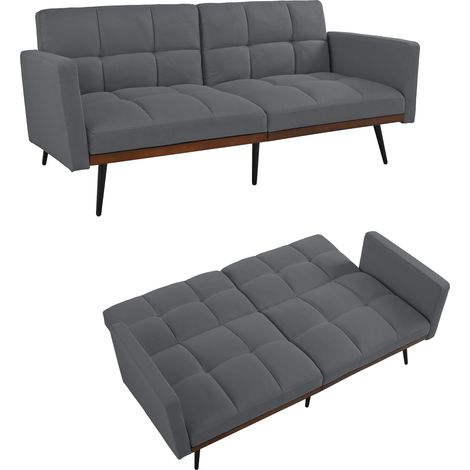 Canapé futon Mid Century Moderne en lin mélangé, 146 cm de large, dossier réglable à 5 positions et accoudoirs fixes, pieds en métal, gris
