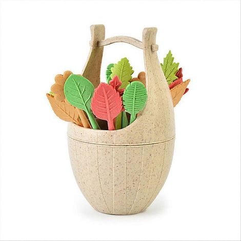 Fourchette à fruits en paille de blé avec seau de rangement et mini cure-dents, beige (1/5)