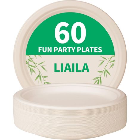 Assiette Jetable-60 assiette en carton, rondes, couleur bois naturel, diamètre 24 cm, peuvent être utilisées comme assiettes de fête ou assiettes à dîner-Vaisselle en canne à sucre durable,sans PLA/PE (1/5)