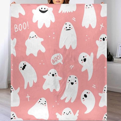 Manta de Halloween con estampado de grafiti, 50x60 pulgadas, franela rosa suave con bonitos dibujos de fantasmas, manta de lana ligera y cómoda, adecuada para sofás, camas o sillas.