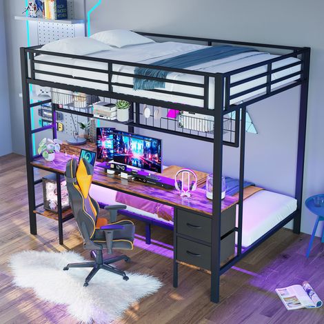 Hochbett 140 x 200 cm, Doppelbett mit Schreibtisch, Schubladen, Regalen, Gitter, LED und USB, ohne Matratze
