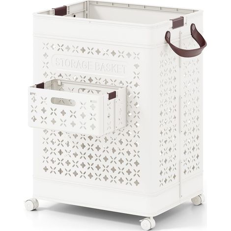 GOPLUS Panier à Linge Pliant, Chariot à Linge Mobile avec Petit Panier Latéral, Roulettes Verrouillables, Poignées Pratiques, Organiseur Pliable pour Buanderie (43,5x34x61CM) (1/4)