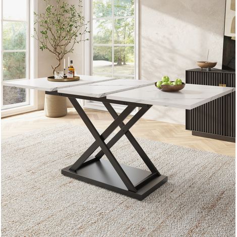 Table extensible MDF weiß marmoriert und Metall schwarz, 120-160x80x75 cm, für 6-8 Personen (1/5)