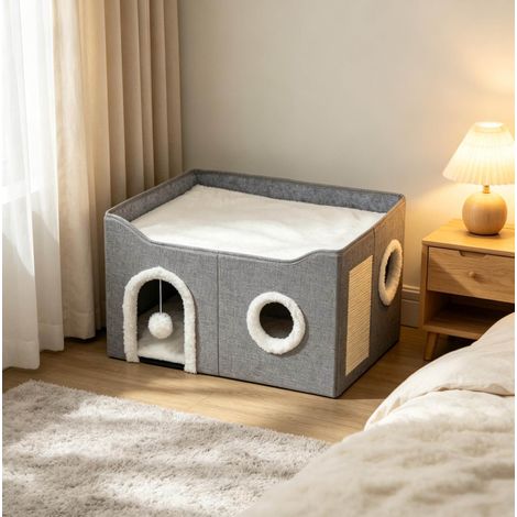Maison pour chat pliable 60x40x34 cm en MDF gris, gain de place pour intérieur, moderne FloraGrace (1/5)