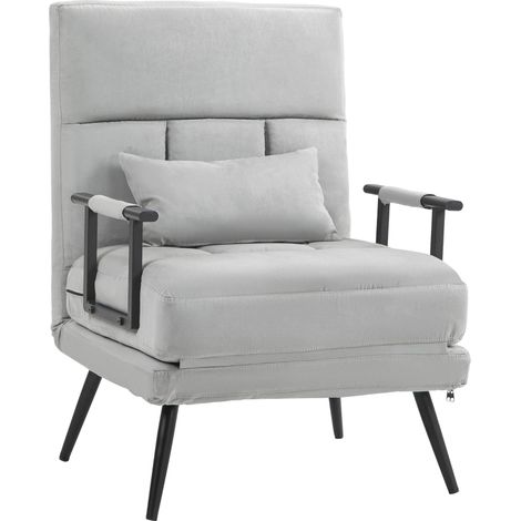 Fauteuil convertible 3 en 1 lit 1 place dossier inclinable 5 positions, accoudoirs et coussin, tissu effet velours, gris (1/5)