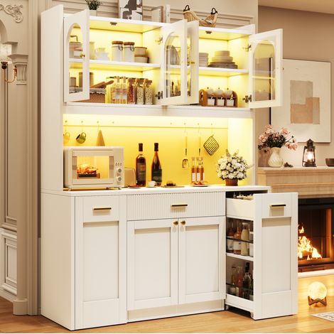 Hoher Küchen-Beistellschrank mit RGB-LED, Vitrinen und Auszügen, 120 cm, Weiß, OKMYHOME