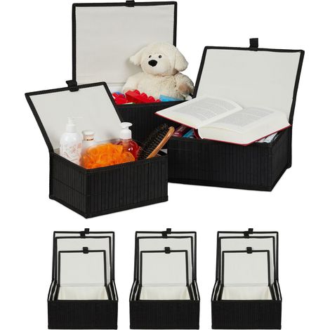 Set de 12 cestas de almacenaje, Con tapa, Funda textil, Bambú, Decorativo, Color Negro