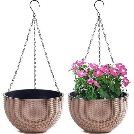 Ensemble de 2 Pots de Fleurs Suspendus avec chaîne en Acier Inoxydable, Pots de Fleurs Suspendus pour Balcon intérieur et extérieur et Pots de Fleurs Suspendus(Calibre 21cm,Brun)
