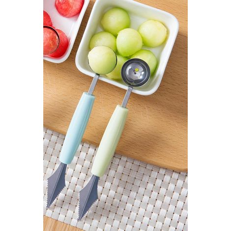 Ensemble de 2 couteaux à découper, outil de découpe de fruits, cuillère à melon avec éplucheur intégré, couteau à découper les fruits 2 en 1, ustensiles de cuisine pour salades de fruits maison - Vert