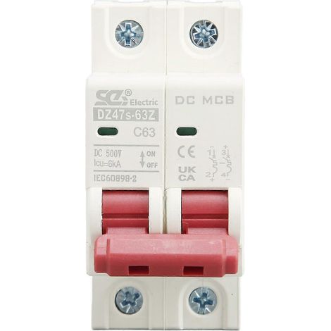 DC-Miniatur-Leistungsschalter 2P 63A DC500V 6000A Abschaltvermögen DIN-Schienenmontage für Solar-PV-Systeme