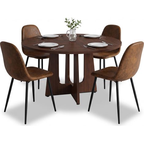FurnitureR Ensemble repas 5 pièces, table MDF 120 cm et 4 chaises effet daim, Table ronde MDF de 120 cm effet noyer avec 4 chaises brunes effet daim pour les repas en famille (1/5)