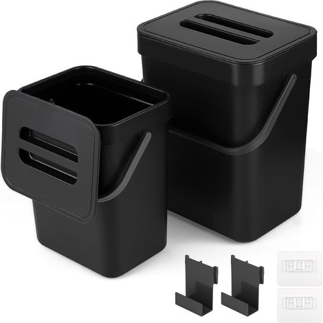 Poubelle à Compost de Cuisine (5L+3L), Poubelle à déchets organiques Suspendue, Bac de Rangement Suspendu avec Couvercle pour Cuisine, Salle de Bains, Voiture, Bureau, Chambre (Noir) (1/5)