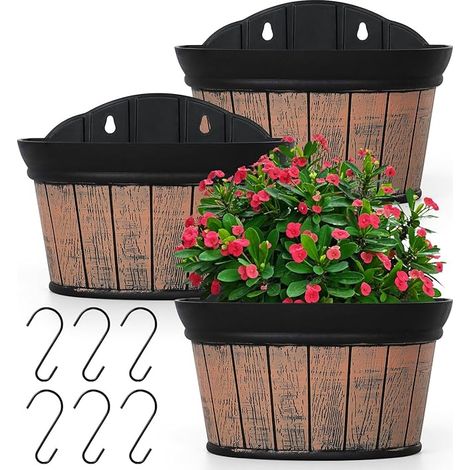 Pots de fleurs à suspendre au mur - chêne vieilli - plastique épais - Stockage d'eau - plantes, fleurs, intérieur, garde-corps extérieur ou décoration de clôture (marron) (1/5)