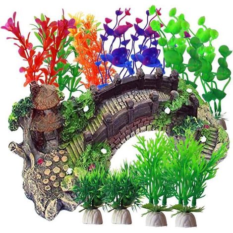 Ecleanfy - 10 Pièces Décorations Aquarium avec Pont Arche Résine - Plantes et Pont d'Arbre Plastique - Décoration Aquatique Réaliste