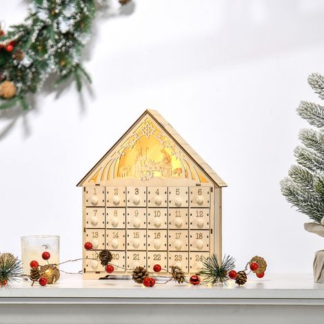 Calendario de Adviento de Madera con Luces Calendario de Navidad con 24 Cajas de Cuenta Regresiva 26,6x6x30 cm Natural (1/5)