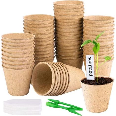 50 Pièces Pot Semis Biodégradable 8cm Bassin de Greffe en Fibresrond Pots de Semis Pots de Plantes avec 50 Étiquettes de Plantes et Paire d'outils de Jardinage pour Graine Plante Fleurs Légumes