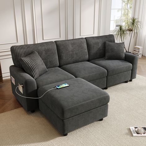 Canapé 223x146x84 cm noir en chenille et velours côtelé avec pouf, coussins et ports USB/Type-C (1/5)