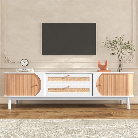 Fortuna Lai – Meuble TV en bois 170x39.5x46cm – Portes en bois massif et tiroirs en rotin – Style maison de campagne – Blanc (1/5)