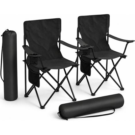 Lot de 2 chaises de camping pliantes noires avec porte-gobelet, poches filet et sac de transport, 120 kg, sans montage, pour plage et pêche  CHICFURN (1/5)