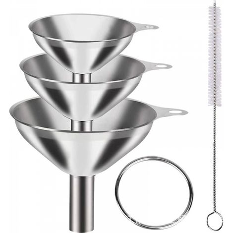 Ensemble de trois entonnoirs argentés + 1 brosse de nettoyage, verseur d'huile suspendu pour la cuisine, entonnoirs à vin de grande et petite taille (1/5)