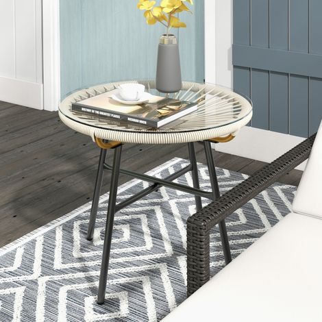 Table basse ronde de jardin en résine aspect rotin métal et plateau verre trempé Ø 50 x 50 cm crème (1/5)