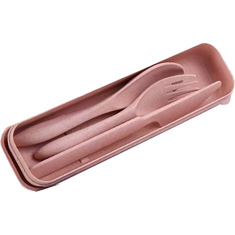Ensemble de couverts en paille de blé rose, moderne et portable, comprenant une fourchette, une cuillère et un couteau, avec boîte. Idéal pour le bureau, l'école et les pique-niques.