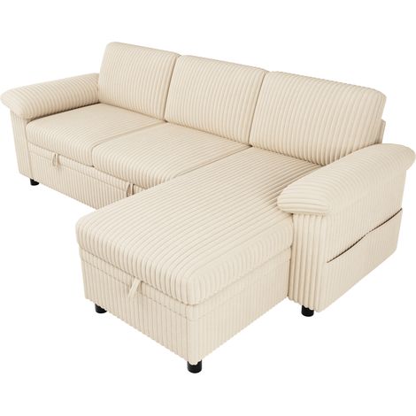Sofá esquinero en L con cama, arcón, USB Type-C, tela de pana beige (1/5)