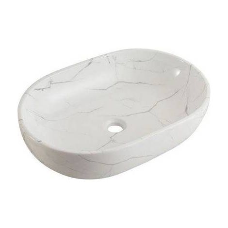 Lavabo d'appoggio ovale in ceramica. Misure: 59x41x14 cm. Senza foro rubinetto e senza troppopieno. Piletta non inclusa. Finitura bianco lucido calacatta.(DianFlex) Misura: cm 59x41x14