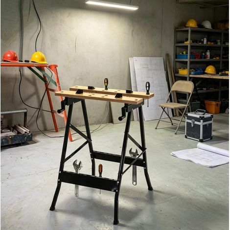 Banco de trabajo plegable 62,5 x 60,5 x 78,5 cm de MDF y metal negro FloraGrace (1/5)