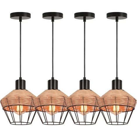 Lampe Suspension - - Lustre en Bambou et Métal - Vintage - E27 - 4 Ampoules (1/5)