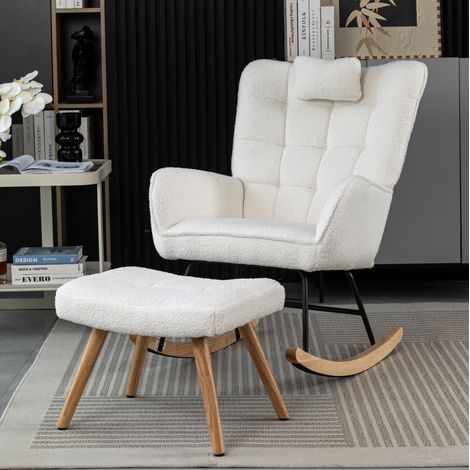 Fauteuil à bascule 93x65x92 cm blanc avec repose-pieds et appuie-tête, tissu bouclé MEUBLIV (1/5)