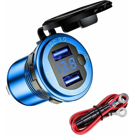 Cargador USB YMYNY QC3.0 impermeable para motocicleta y coche, 12/24 V, doble toma USB de aleación de aluminio con interruptor y voltímetro LED para coches, barcos, vehículos todoterreno y autobuses ( (1/4)