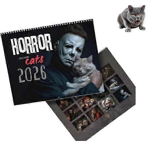 Calendrier mural Halloween 2026 : Films d'horreur et chats – Illustrations félines effrayantes, 28 x 22 cm (1/4)