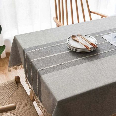 Nappe Rectangulaire Coton Lin Imperméable Anti-Taches Dentelle Brodée Franges Salon Jardin 140x200 cm (1/4)